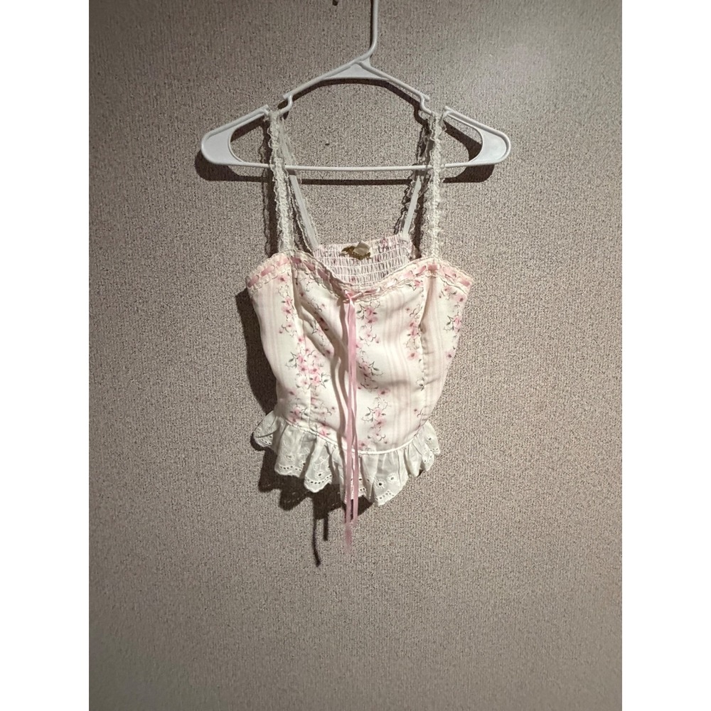 Thirty Thirty LA Floral Corset Top Pink Rose Eyelet Ruffle Camisole Small